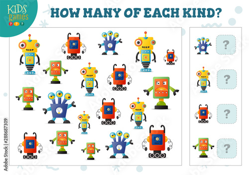 How many of each kind cartoon robot counting game for kids vector illustration