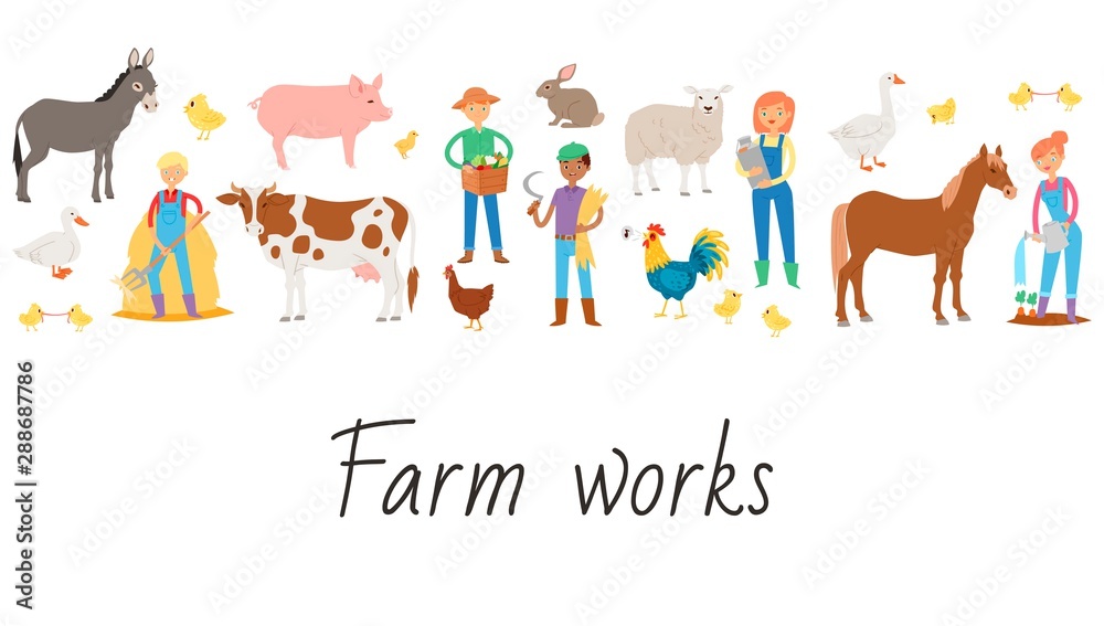 Agricultural work and life on the farm cartoon vector illustration. Farmers plowing, planting, watering, milking farm animals. Agriculture farming. Agricultural work and life on the farm cartoon vector illustration. Farmers plowing, planting, watering, milking farm animals. Agriculture farming.