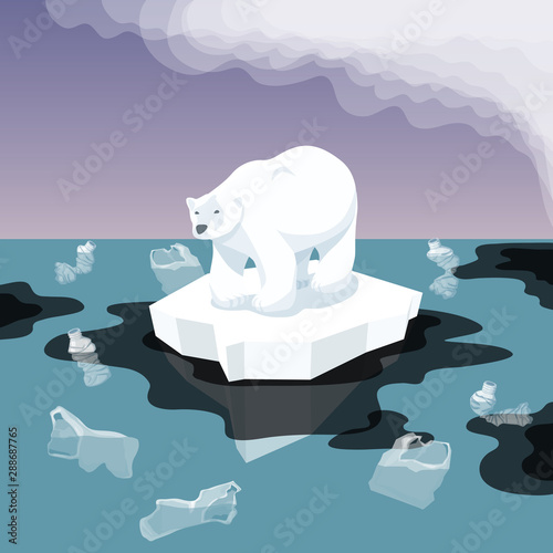 White Bear With Plastic Garbage In The Water