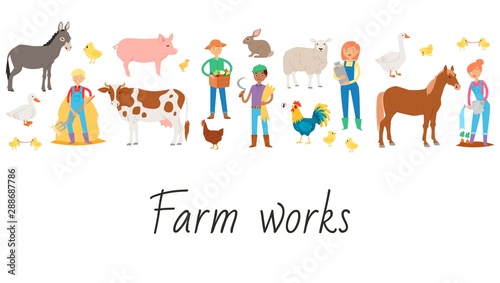Agricultural work and life on the farm cartoon vector illustration. Farmers plowing, planting, watering, milking farm animals. Agriculture farming.