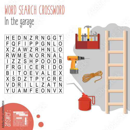 Easy word search crossword puzzle 'In the garage', for children in elementary and middle school. Fun way to practice language comprehension and expand vocabulary. Includes answers. Vector illustration