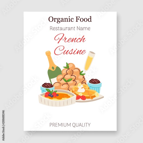 French restaurant organic food and cuisine vector illustration poster. National organic food of France. Gourmet frenchmen menu with champagne wine.