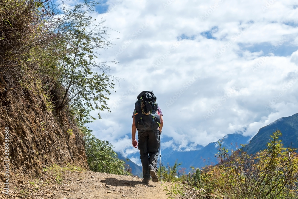 Young hiker man trekking with backpack in Peruvian Andes mountains, Peru, South America Young hiker man trekking with backpack in Peruvian Andes mountains, Peru, South America