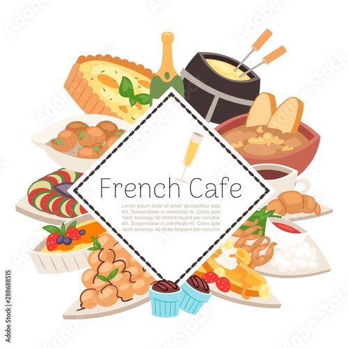 French cafe food menu vector illustration. French cheese, fondue, onion soup, truffles, croissants with cup of coffee and frog leggs. Famous cafe of France menu.