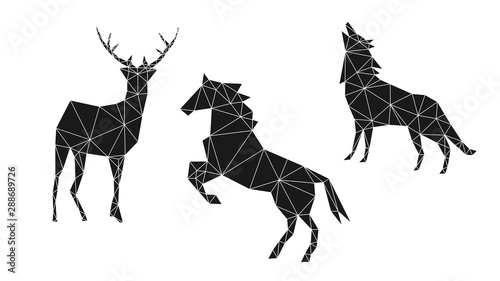 Contemporary geometric image of a deer  horse and wolf from triangles on a white background. Minimalism in the style of trigonometry.