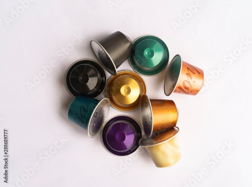 Nespresso Capsules Top View isolated on white background. photo