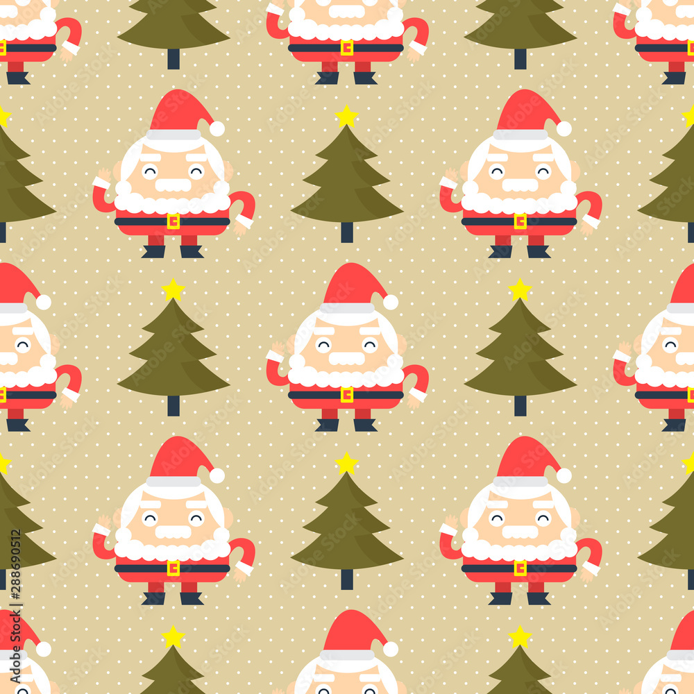 Santa Claus and Christmas tree seamless background.