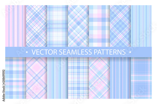 Set plaid pattern seamless. Tartan patterns fabric texture. Checkered geometric vector background. Scottish stripe blanket backdrop