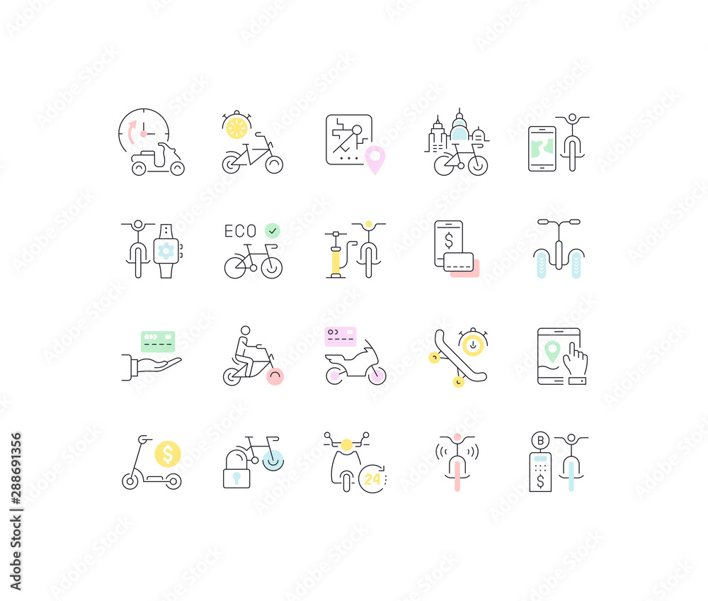Set Vector Line Icons of Bike and Scooter Sharing.