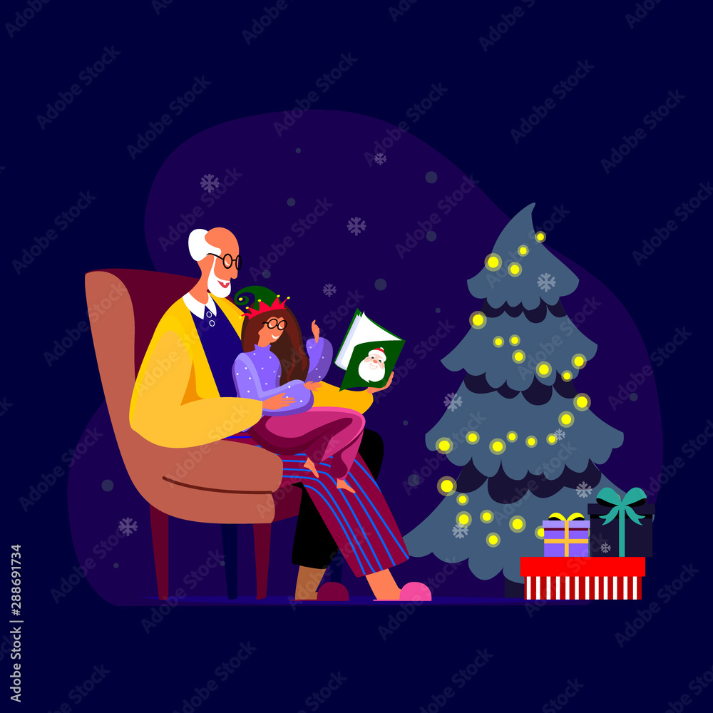 Naklejka premium Grandfather reading fairytale to his grandchild sitting near xmas tree