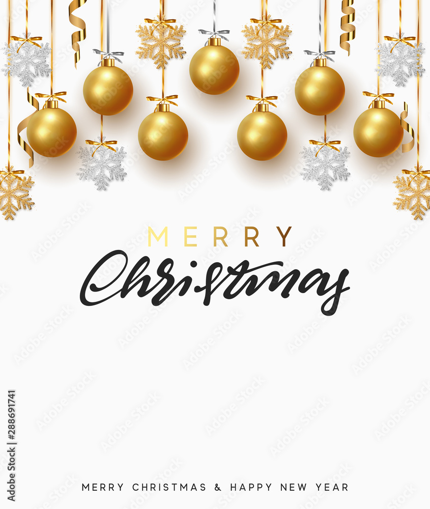 Background design of Xmas gold balls and bauble with golden glitter silver snowflake hanging on the ribbon. Festive decorative template. Merry Christmas and Happy New Year. vector illustration Background design of Xmas gold balls and bauble with golden glitter silver snowflake hanging on the ribbon. Festive decorative template. Merry Christmas and Happy New Year. vector illustration