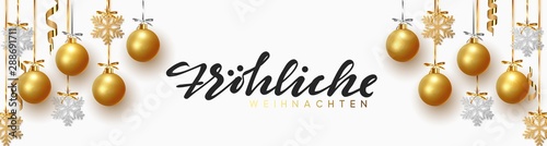 German text Frohliche Weihnachten, Background design Xmas gold balls and bauble, golden glitter silver snowflake hanging on the ribbon. Festive decorative template. Merry Christmas and Happy New Year.
