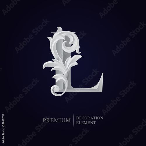 Elegant letter L with floral baroque ornament. Serif capital letter is surrounded with white decorations in 3D style. Exclusive colored effect designs for Logo, Monogram, Emblem, Initial, Invitation,