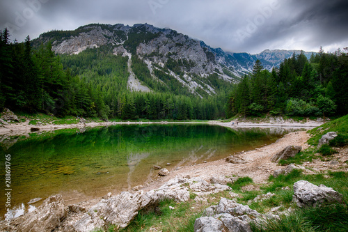 Fototapeta Naklejka Na Ścianę i Meble -  Landscape with mountains and turquoise lake-Gruener See,Styria,Austria.