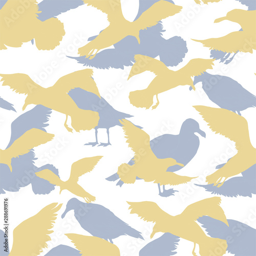 Sky bird seagull in a wildlife. Black and white engraved ink art. Seamless background pattern.