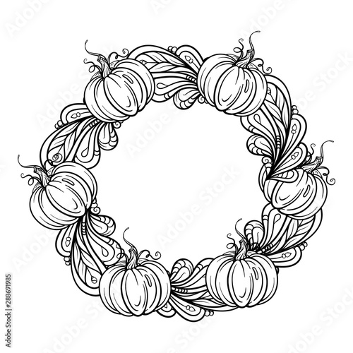 Black and white autumn wreath ornament. Pumpkins and autumn floral motifs garland. Antistress coloring page.