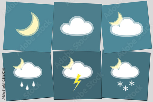 Weather night icon Moon cloud rain lightning snow night simple isolated on blue background Icon symbol lunar cloudy rainy snowy weather Set Flat design element meteo weather night icon Vector