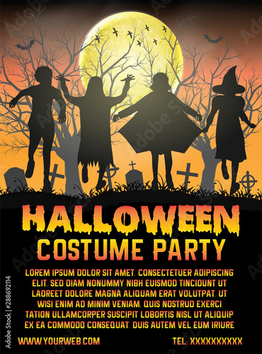 halloween kids costume party in front of cemetery gate poster