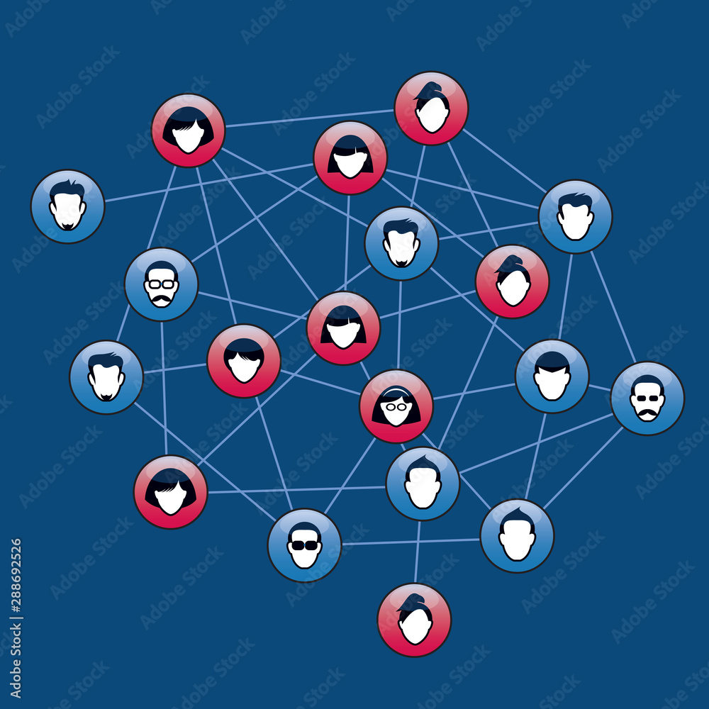 Set of blue buttons and icons for web. Human heads and silhuettes. Vector outline Illustration.