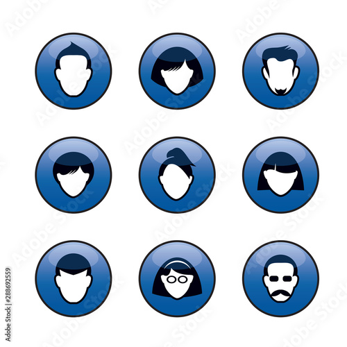 Set of blue buttons and People icons for web. Human heads and silhouettes. Vector outline Illustration.