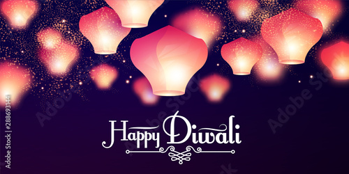 Happy Diwali Holiday background with flying sky lamps. Indian holiday.