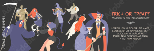 Vector Halloween banner template with funny cartoon people dressed in monster costumes dancing at a party