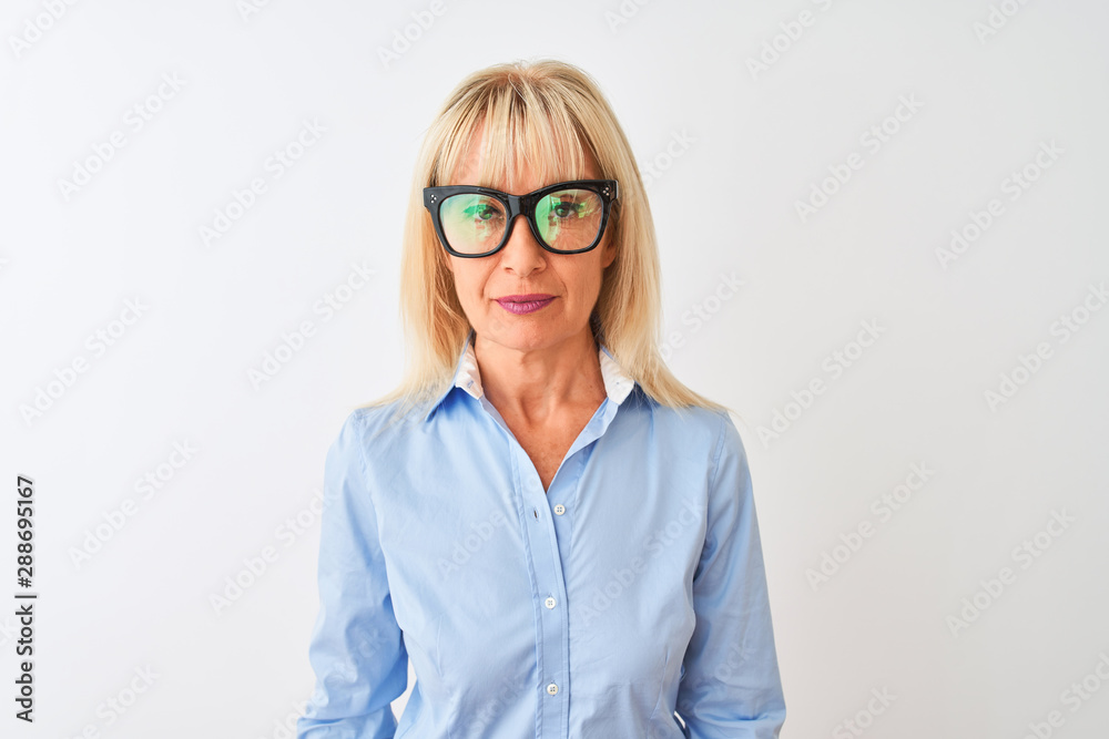Middle age businesswoman wearing sunglasses and shirt over isolated white background with a confident expression on smart face thinking serious