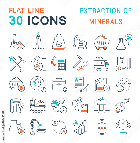 Set Vector Line Icons of Extraction of Minerals