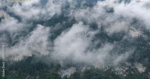 Time lapse of low altitude clouds against rock walls and green trees in Austrian Alps Alpbach region, resembling smoke coming out of a mountain. Stratus fractus silvagenitus (St fra sigen). photo