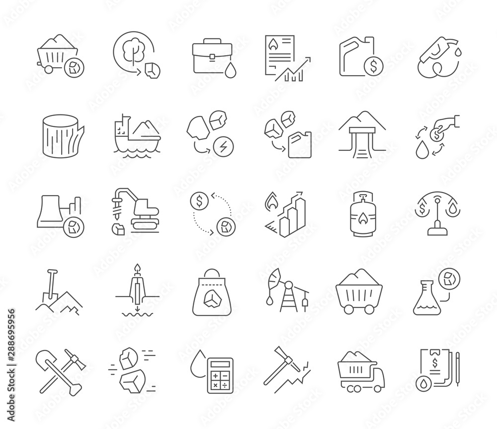 Set Vector Line Icons of Extraction of Minerals