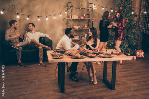 Sticker Full size photo of charming lovers hold champagne have fun speak enjoy christmas