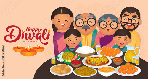 Diwali/Deepavali vector illustration with  Happy indian family enjoy the traditional festival foods/ meal (Murukku, Ladoo / Laddu, Curry, Curry Puff, Halwa and Rice)