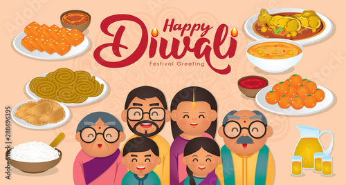 Diwali/Deepavali vector illustration with  Happy indian family enjoy the traditional festival foods/ meal (Murukku, Ladoo / Laddu, Curry, Curry Puff, Halwa and Rice)