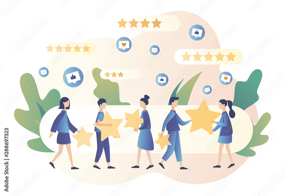 Star rating concept. Customer reviews. People leave feedback and comments. Modern flat cartoon style. Vector illustration