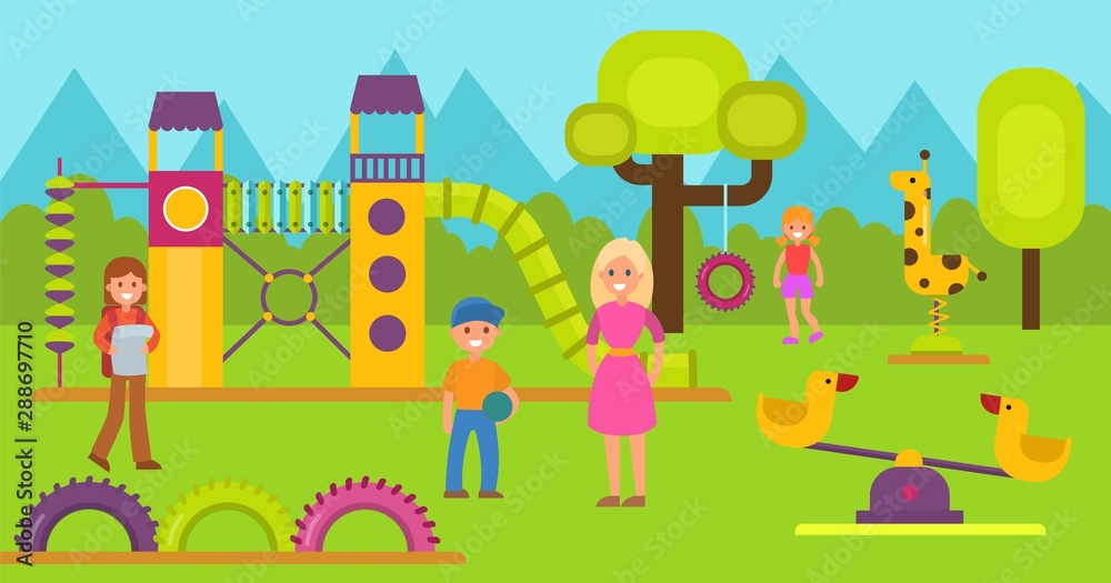 Obraz premium Happy kids on children playground vector illustration. Teen boy and girl with mothers or teacher walking and playing on game area. Childrens gaming and sport complex. Kindergarten or school area