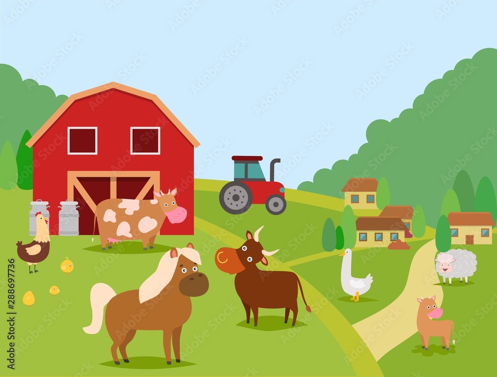 Naklejka premium Farm animals vector illustration. Domestic animals cow, bull and calf, sheep, horse. Poultry chicken with chicks and duck. Barn, cans, houses, tractor. Farmer house and his animals