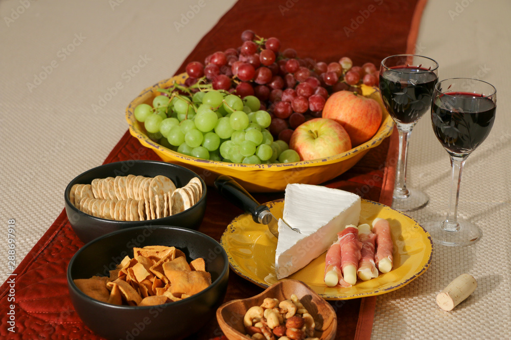 Fresh Grapes With Cheese,Crackers and Crystal Glasses of Merlot, Fresh Grapes With Cheese,Crackers and Crystal Glasses of Merlot,