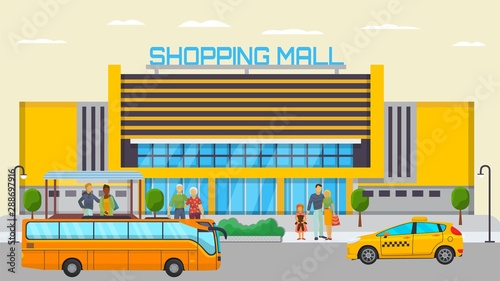 Shopping mall transport stop with different city people standing and waiting for transport vector illustration. Yellow bus and taxi road near market mall