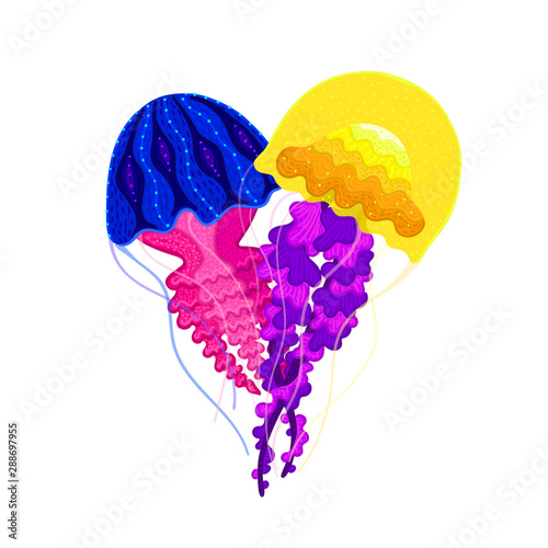 Vector jellyfish in heart shape. Sea medusa. Colorful marine life. Underwater creatures. Design for attributes of water park and aquarium. Print for clothes, cards, covers, posters. Sticker, label