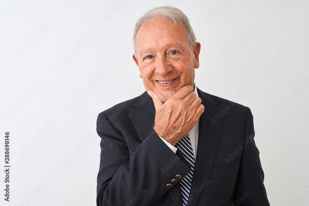 Senior grey-haired businessman wearing suit standing over isolated white background looking confident at the camera with smile with crossed arms and hand raised on chin. Thinking positive. Senior grey-haired businessman wearing suit standing over isolated white background looking confident at the camera with smile with crossed arms and hand raised on chin. Thinking positive.