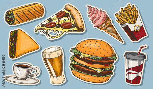 Junk Fast food, burger and hamburger, tacos and hot dog, burrito and beer, drink and ice cream. Vintage Sketch for restaurant menu. Hand drawn stickers in retro style.