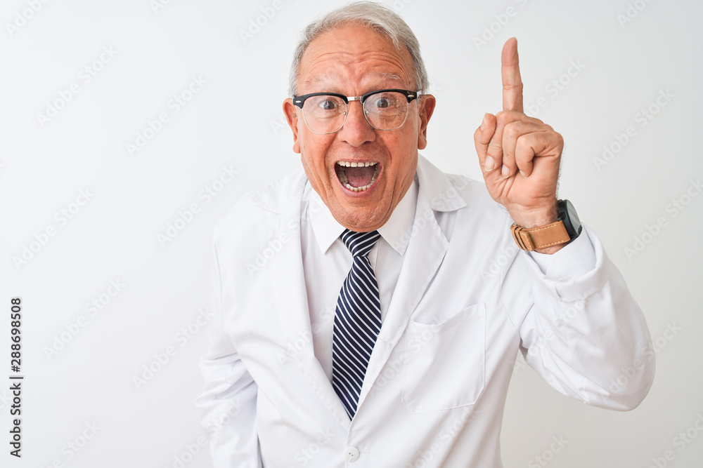 Senior grey-haired scientist man wearing coat standing over isolated white background pointing finger up with successful idea. Exited and happy. Number one. Senior grey-haired scientist man wearing coat standing over isolated white background pointing finger up with successful idea. Exited and happy. Number one.