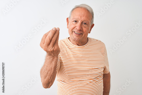 Senior grey-haired man wearing striped t-shirt standing over isolated white background Doing Italian gesture with hand and fingers confident expression © Krakenimages.com