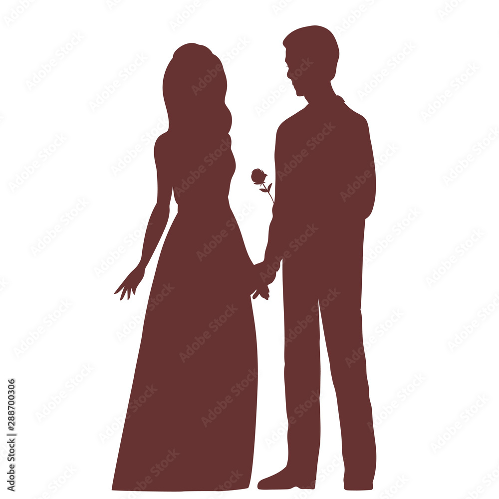 Silhouette of a bride and groom. They hold hands, he gives the girl a rose. Vector illustration for a wedding on an isolated background. Silhouette of a bride and groom. They hold hands, he gives the girl a rose. Vector illustration for a wedding on an isolated background.
