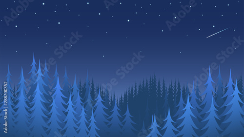 Night winter coniferous forest with a starry sky. Blue silhouettes of pines and firs. Vector illustration of taiga as a background.