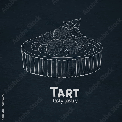 Tart dessert with berries icon. Outline vector icon. Linear art white chalk on black desk