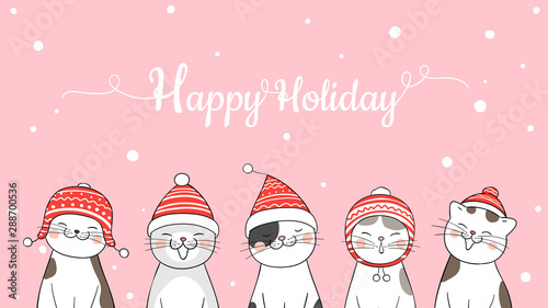 Draw banner cat for Christmas day and New year on pink.