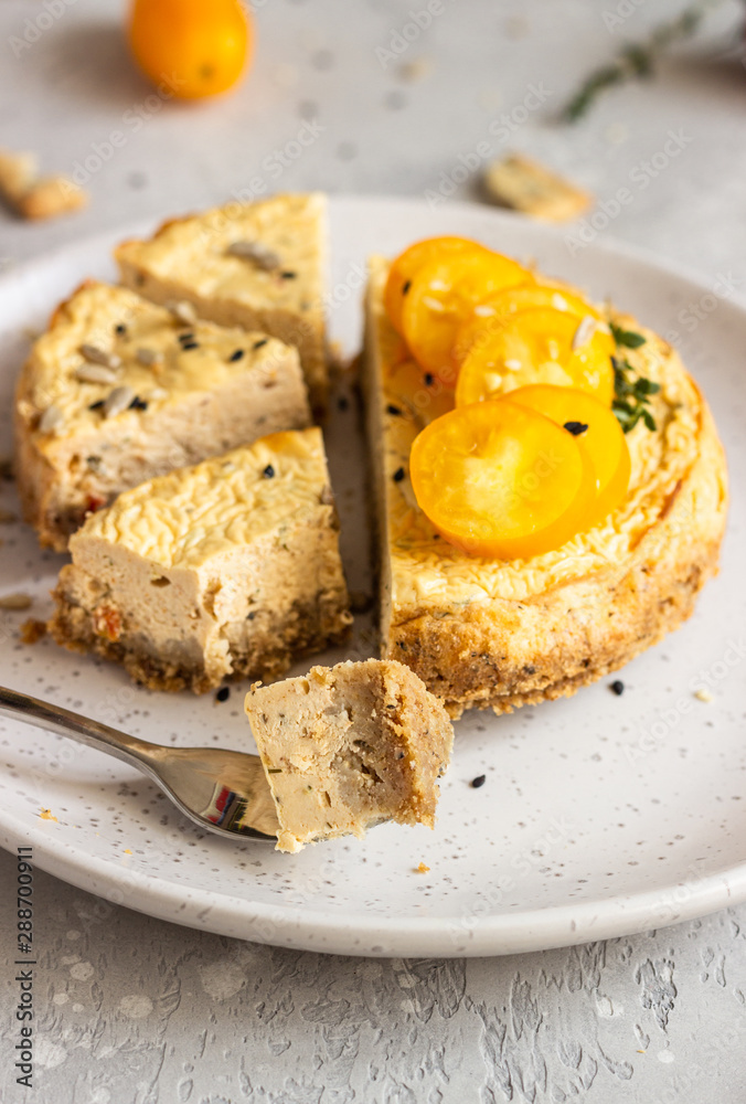 Savoury cheesecake with tomatoes and thyme.