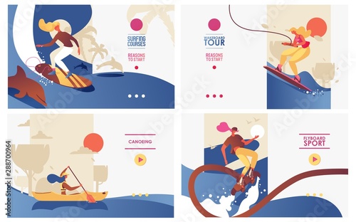 Vector concept banners set with women doing extreme water sports on boards and canoe. Wakeboarding, suffing, flyboarding training landing pages good for young activities and healthy lifestyle © yokunen