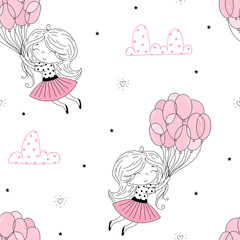 Wandcirkels Dieren met ballon patronen Meisje met roze paraplu in lucht  © iryna_boiko